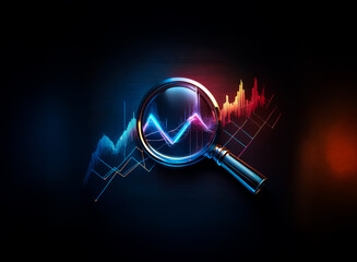 A magnifying glass focuses on a vibrant line graph with neon blue, pink, and orange hues against a dark backdrop, symbolizing analysis and data investigation.