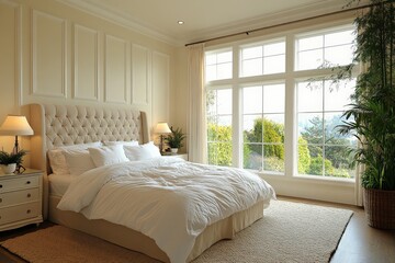 Cozy and bright bedroom with large windows overlooking a lush garden on a sunny day