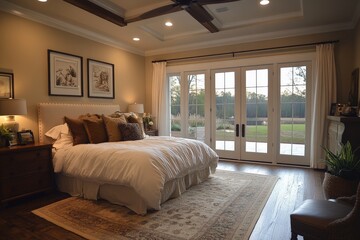 Obraz premium Elegant bedroom with large windows showcasing serene outdoor views during daylight hours