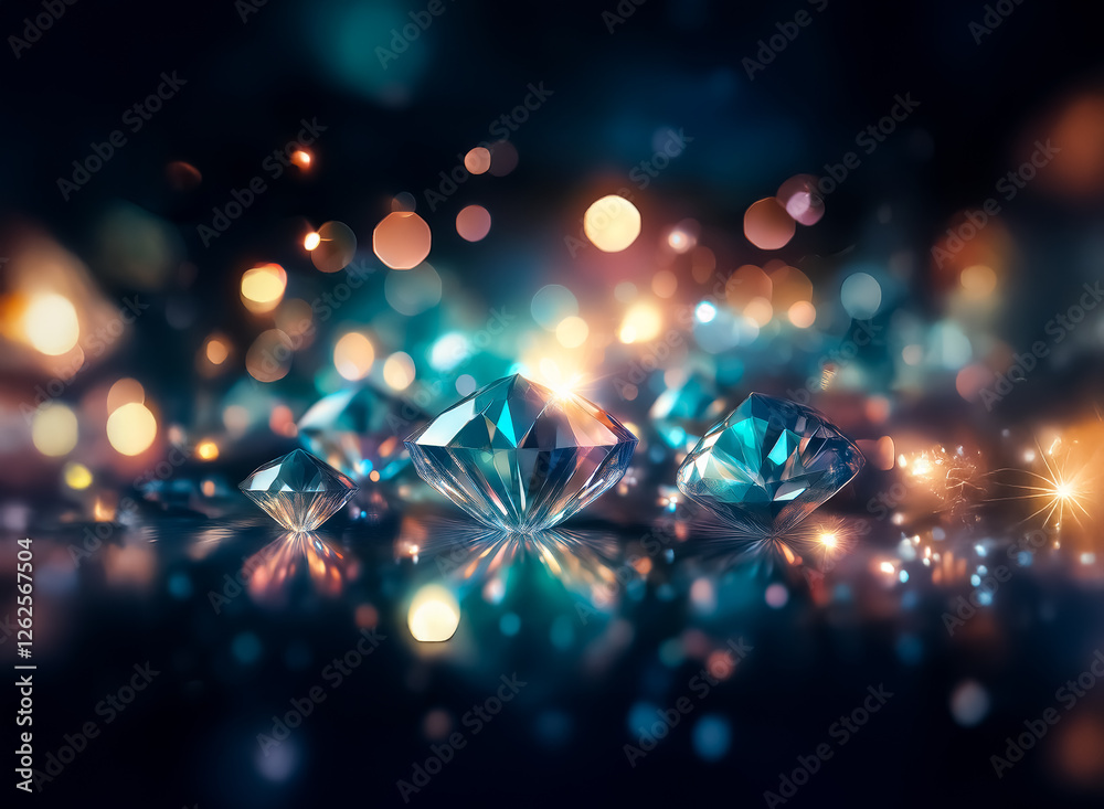 Poster glistening diamonds on a dark, reflective surface are illuminated by bokeh lights, creating a luxuri