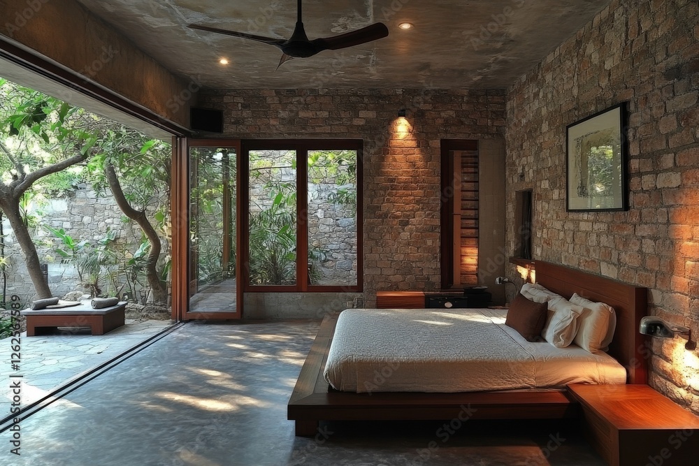Aufkleber modern bedroom with natural elements and large windows overlooking lush greenery in a serene setting
