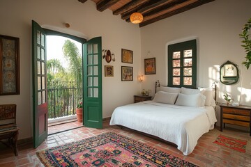 Fototapeta premium Elegant bedroom with open green doors leading to a spacious balcony, inviting natural light and fresh air in tranquil surroundings