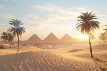 Majestic Pyramids of Giza at Sunset with Palm Trees and Sand Dunes in the Sahara Desert