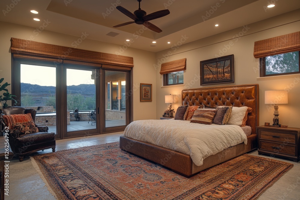 Aufkleber elegant modern bedroom with large windows showcasing mountain views in a cozy atmosphere in the earl