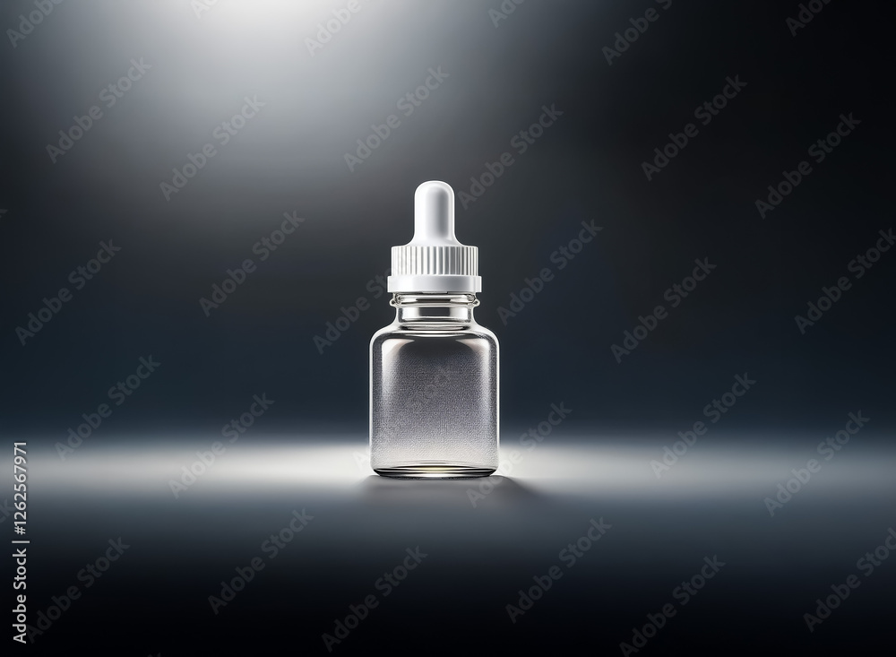 Poster Clear glass bottle with white dropper on dark gradient backdrop. Empty container reflects light. Simple product photography.