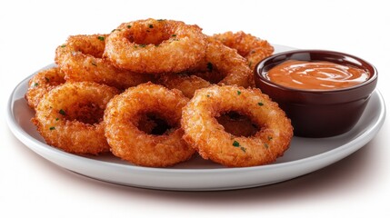 Crispy onion rings on a plate with dipping sauce, studio shot