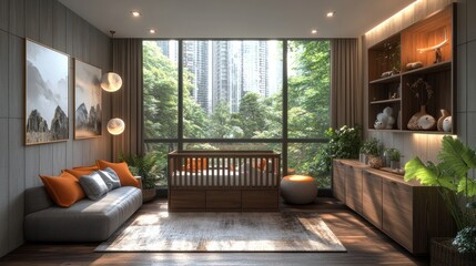 Modern nursery, city view, crib, sunlight, serene