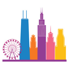 Colorful City Skyline Silhouette on White Background