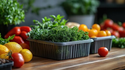 Fresh vegetables and herbs in containers on a wooden table, showcasing vibrant colors and textures.