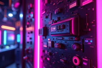 Fototapeta premium Close-Up of a Technologically Advanced Control Panel Illuminated by Neon Lights in a Modern Space, Showcasing Intricate Details and Vibrant Colors