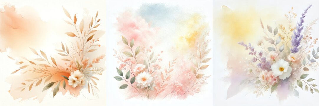 Watercolor floral arrangement with soft peach and pastel flowers, warm-toned floral background