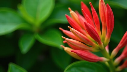 Close-up of striking red and green Kangaroo Paw blossoms on a green leafy background , macro, colorful, plant