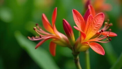 Close-up of striking red and green Kangaroo Paw blossoms on a green leafy background , macro, plant