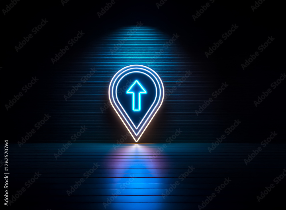 Poster A glowing neon map pin with an upward arrow shines brightly against a dark, textured backdrop, illuminated by a spotlight. The pin casts a vibrant reflection on the surface below.