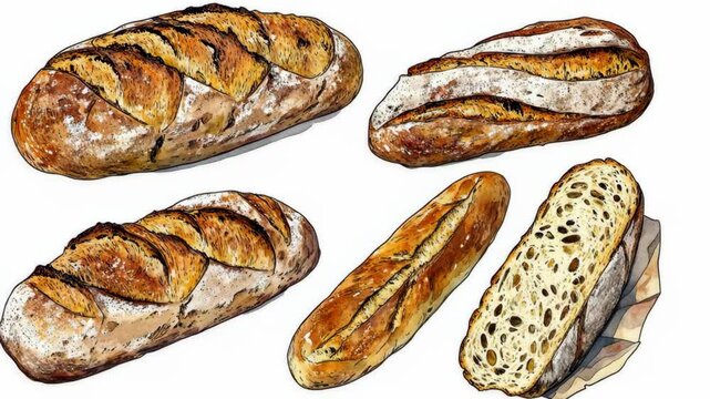 Artisan bread selection displayed on a white background showcasing various shapes and textures crafted by skilled bakers
