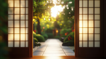 serene view through traditional Japanese sliding doors, revealing tranquil garden pathway illuminated by soft sunlight. lush greenery and vibrant flowers create peaceful atmosphere