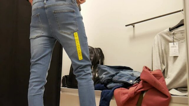 A man tries on jeans in front of a mirror in a boutique fitting room