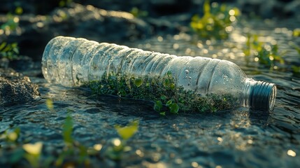 Fototapeta premium A plastic bottle surrounded by greenery, partially submerged in water, highlighting pollution and nature's resilience.