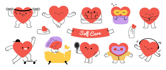 Cute cartoon heart shaped characters mascot set. Self care and love concept. Flat vector illustrations