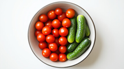 Fresh tomatoes and cucumbers in bowl create vibrant, healthy salad. This colorful arrangement showcases natural beauty of vegetables, perfect for nutritious meal
