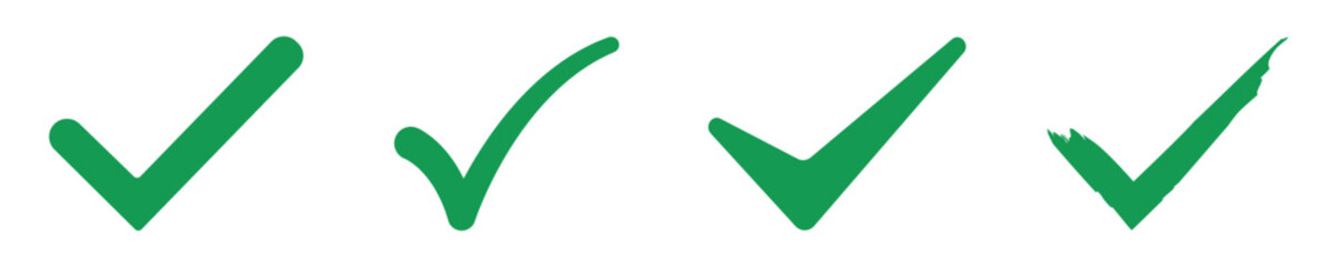 Green chek icon set. Sign ok and confirm, hand drawn check list, set of different design on white background.