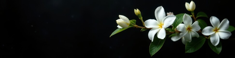Fototapeta premium Clusters of jasmine flowers, stark white against a matte black backdrop , monochrome, flower, blossom