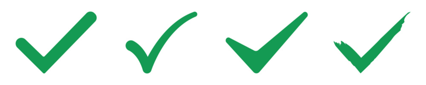 Green chek icon set. Sign ok and confirm, hand drawn check list, set of different design on white background.