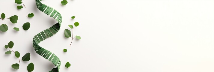 A twisted DNA strand made of green paper strips with scattered fresh leaves, representing the connection between nature and genetics