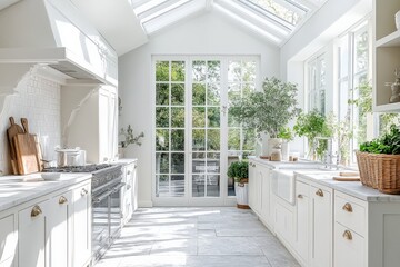 Bright and airy modern kitchen with large windows and lush greenery in a serene setting