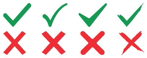 Check mark icon set. right and wrong buttons and yes or no checkmark icons in green tick box and red cross. Vector illustration isolated on white background. 