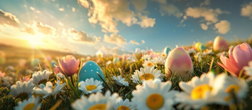 Hill of Easter day colorful eggs and daisy flower on meadow under beautiful sky. 3d rendering