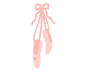 Ballet flats female pink pointe shoes on silk ribbon with bow icon. Ballerina accessory. Theatre Day stickers. Flat Vector illustration isolated on white background