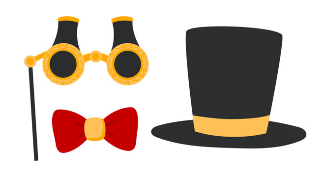 Theater accessories icon. Classic theater glasses, top hat, bow sign. Gentleman Opera attribute. Aristocratic symbol. Theatre Day stickers. Flat Vector illustration. Flat Vector illustration 
