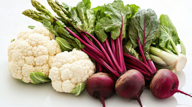 Fresh organic vegetables including cauliflower, asparagus, beets, and leafy greens arranged beautifully. This vibrant display showcases healthy eating and farm fresh produce