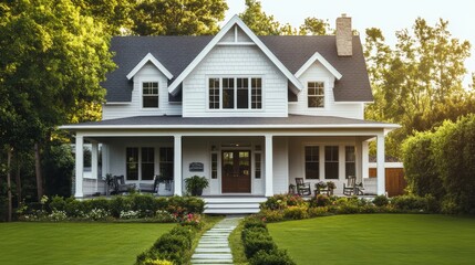 Fototapeta premium Stunning White Colonial House with Lush Landscaping