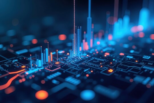 An abstract representation of data visualization showing digital technology trends with illuminated circuit pathways and vibrant colors in a futuristic design.