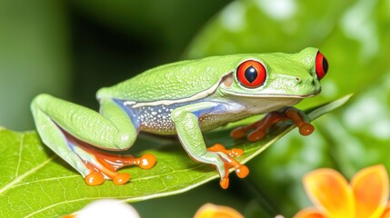 Red-eyed Tree Frog perched on leaf, tropical rainforest background