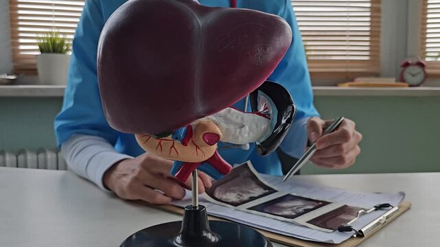 Ultrasound diagnosis of stomach and liver on abdominal cavity of in clinic. Ultrasound of liver and gallbladder cirrhosis of the liver