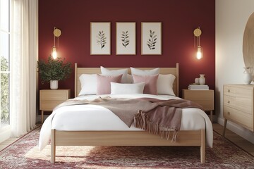 Cozy bedroom with burgundy accent wall, white bedding, and elegant decor invites relaxation and comfort in a modern home setting