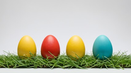 Fototapeta premium Four painted eggs in green grass