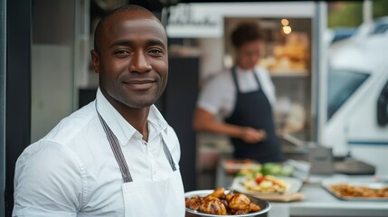 Smiling Chef Serving Delicious Grilled Chicken