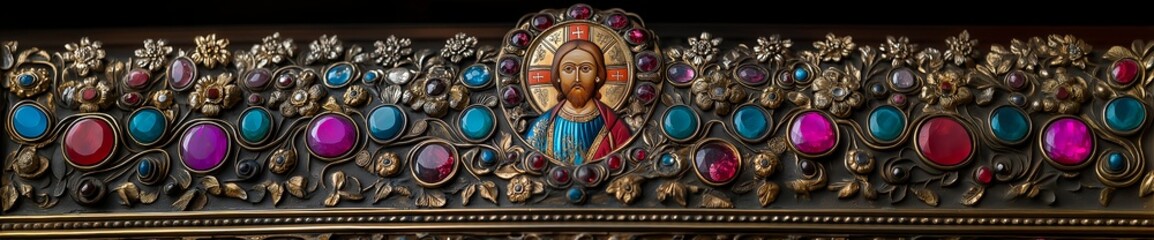 Fototapeta premium Antique Church Frame Made Of Silver. llustration On The Theme Of Religion And History, Culture And Wealth. Generative AI