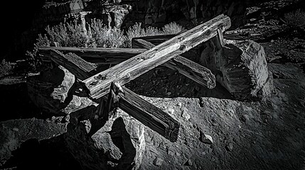 Weathered wooden structure rests on desert rocks, sunlit;  remnants of a bygone era in arid landscape; ideal for historical, nature, or travel themes