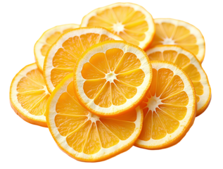 Tranches d'orange séchées, isolées sur fond blanc, vue de dessus.
