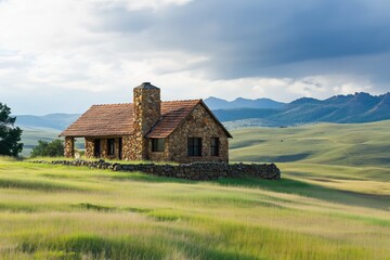 Obraz premium Picturesque stone cottage nestled in a spacious valley surrounded by majestic mountain scenery