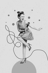Photo cartoon comics sketch collage picture of funny funky lady enjoying karaoke party isolated...