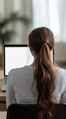 Woman Concentrating on Laptop, Back View
