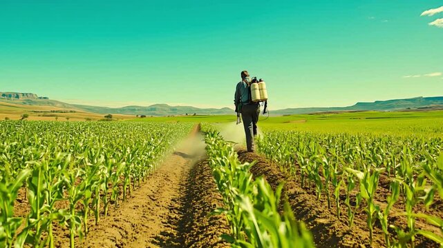 Farmer spraying flour on a rice field, with a green grassland in the background. The farmer is carrying a red plastic backpack sprayer and holding a spray gun