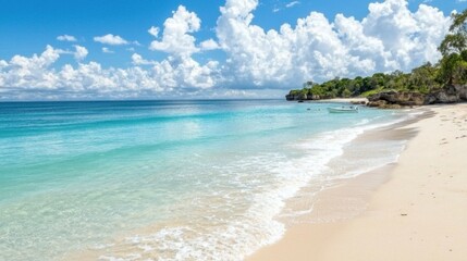 Tropical beach scene; calm turquoise water, white sand, small boats, fluffy clouds