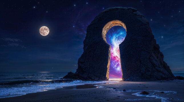 Felsformation mit Schl&uuml;sselloch-Tor zum Universum bei Nacht am Strand